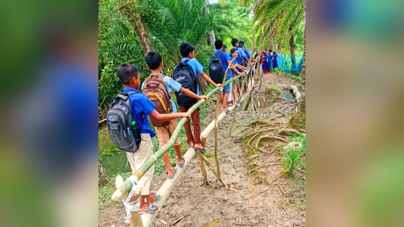 কাউখালীতে ঝুঁকি নিয়ে সাঁকো পারাপার শিক্ষার্থীরা