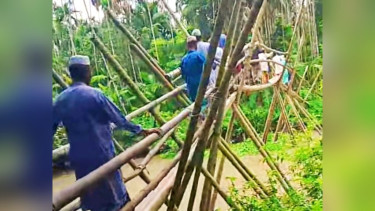 কাউখালীর জোলাগাতি খালে ঝুঁকিপূর্ণ বাঁশের সাঁকো,শতাধিক মানুষের দুর্ভোগ